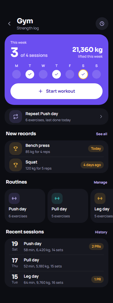 Gym home with routines and workouts