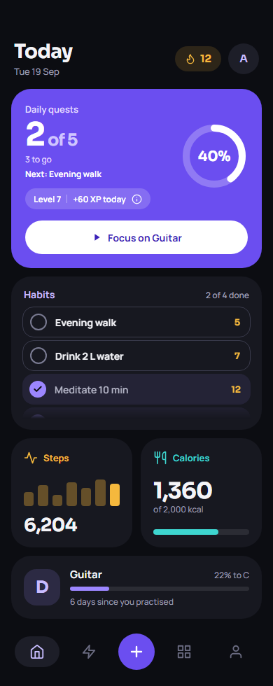UpStats Today screen with daily quest ring, habits, steps and calories