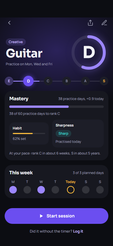 Guitar skill at rank D with mastery progress